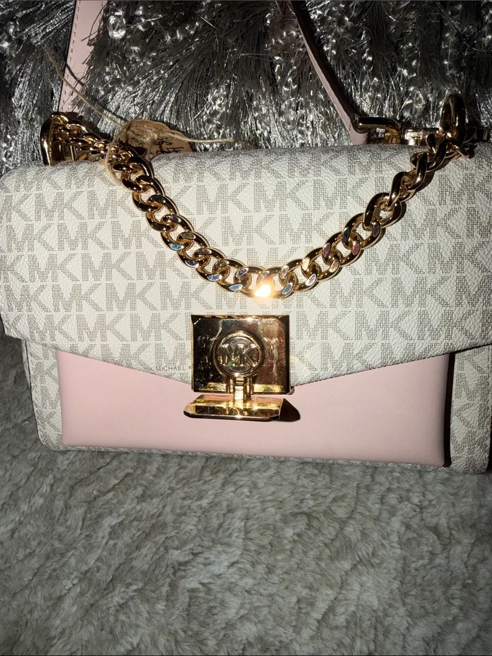 Michael Kors Pink and Vanilla Logo Chain Crossbody